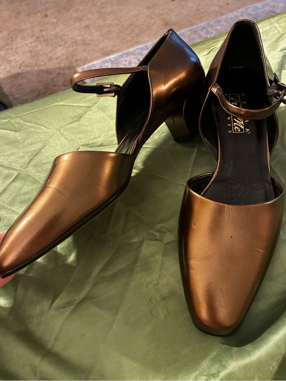 Warm Brown Shiny Close-Toed Business Casual Italian Kitten Heels w/ Ankle Strap